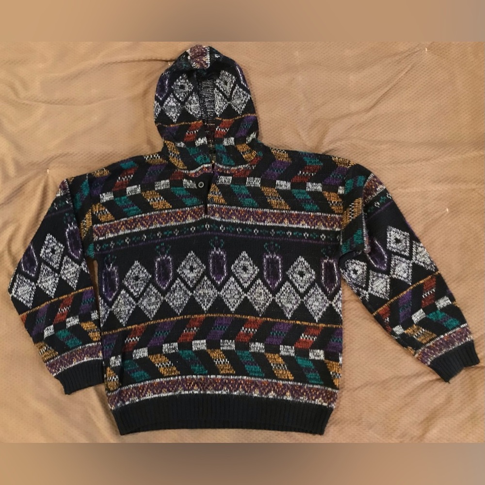 RARE FLUID International Retro Geometric Knit Hooded Sweater - XL